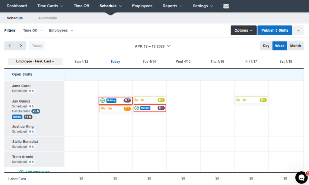 Screenshot showing time off on the team’s schedule.