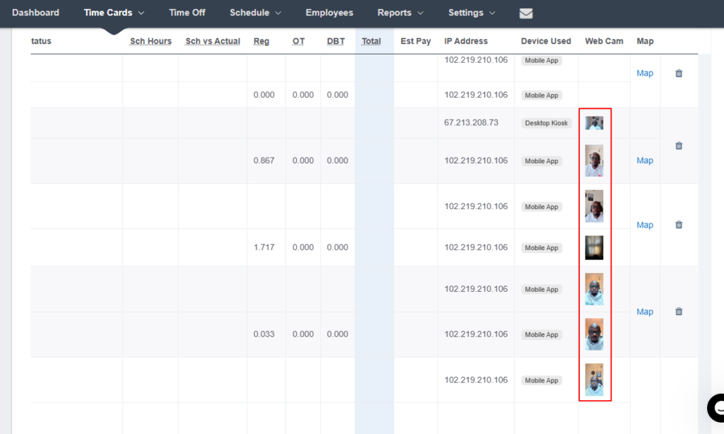 Screenshot showing Buddy Punch timecards.
