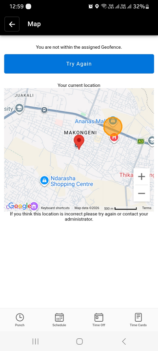 Screenshot showing Buddy Punch geofence warning.