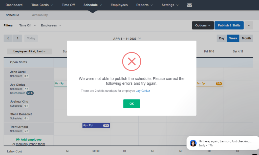 Screenshot showing Buddy Punch schedule error.