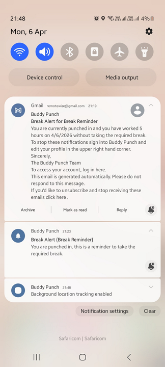 Screenshot showing Buddy Punch break reminder.