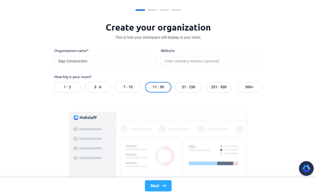 Screenshot showing the organization setup page during Hubstaff’s onboarding