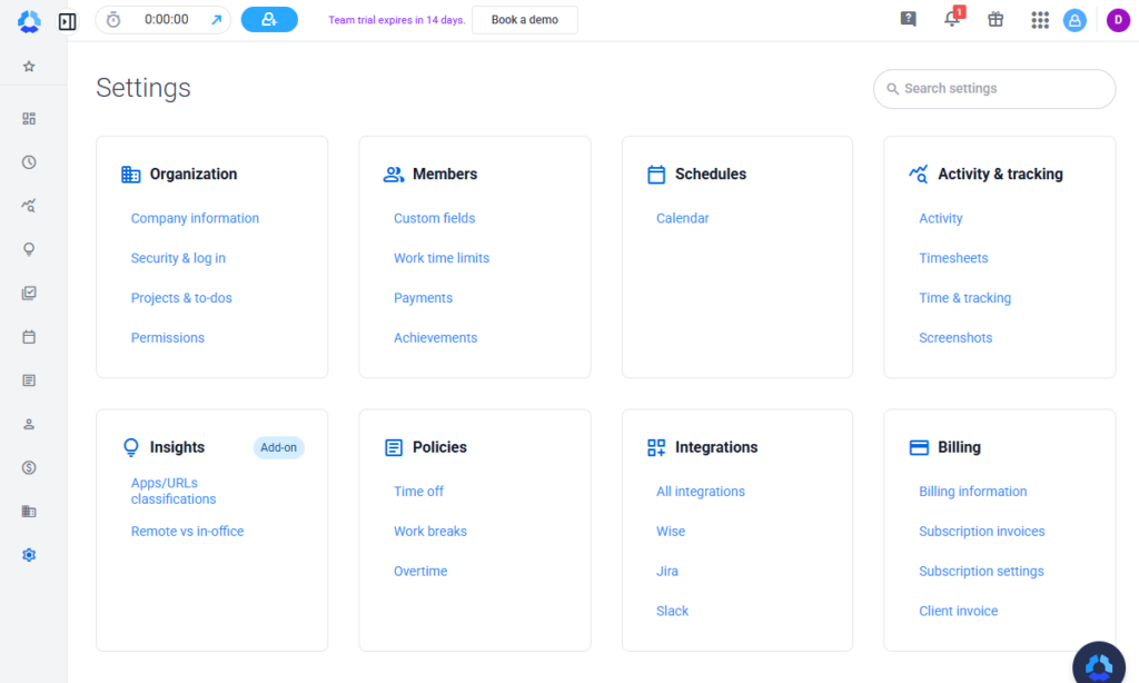 Hubstaff settings page showing tabs for configuring permissions, time off, breaks, overtime, activity tracking, and other team settings.