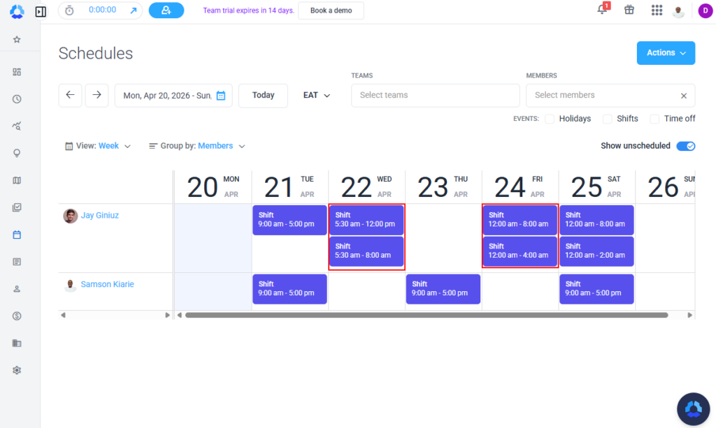Screenshot showing overlapping shifts in the Hubstaff schedule page.