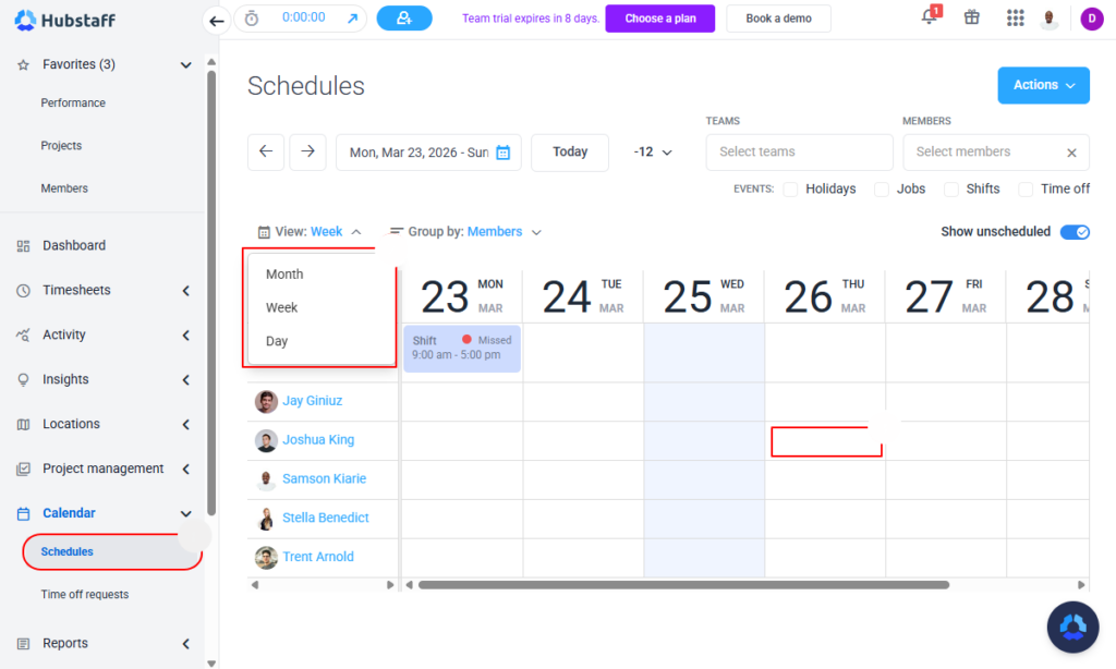 Screenshot showing Hubstaff’s scheduling page.