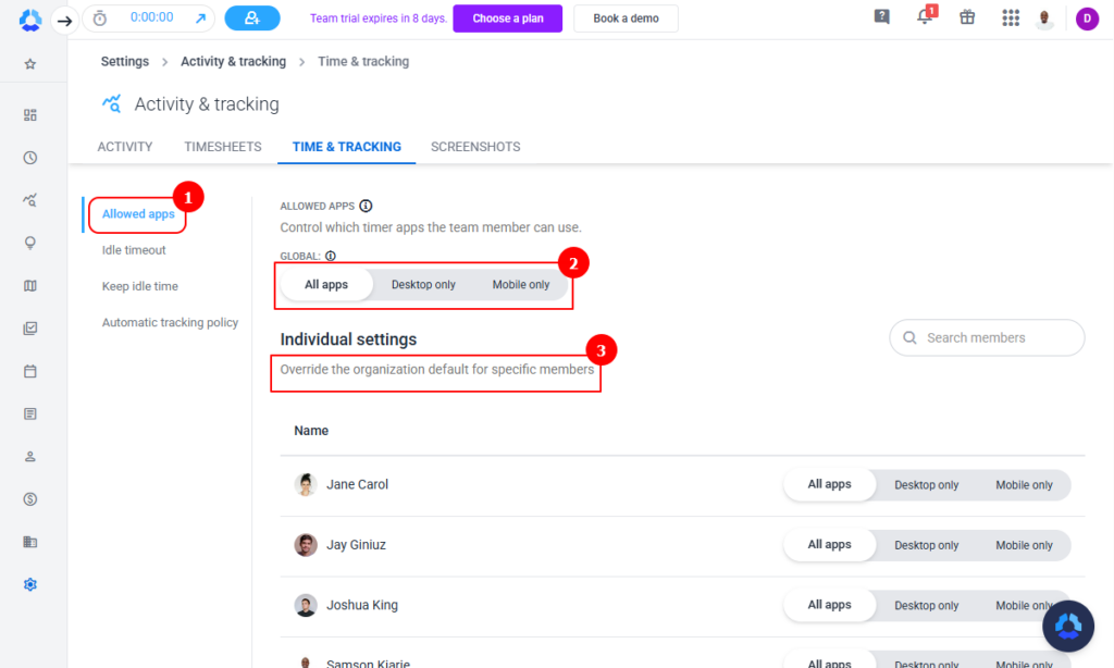 Screenshot showing Hubstaff’s time tracking settings page