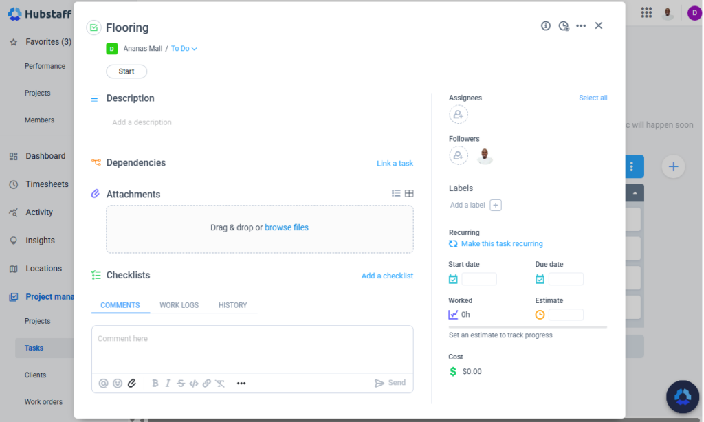 Screenshot showing a task card in Hubstaff.