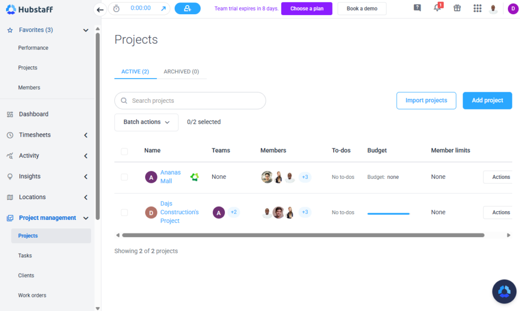 Screenshot showing Hubstaff’s project page.