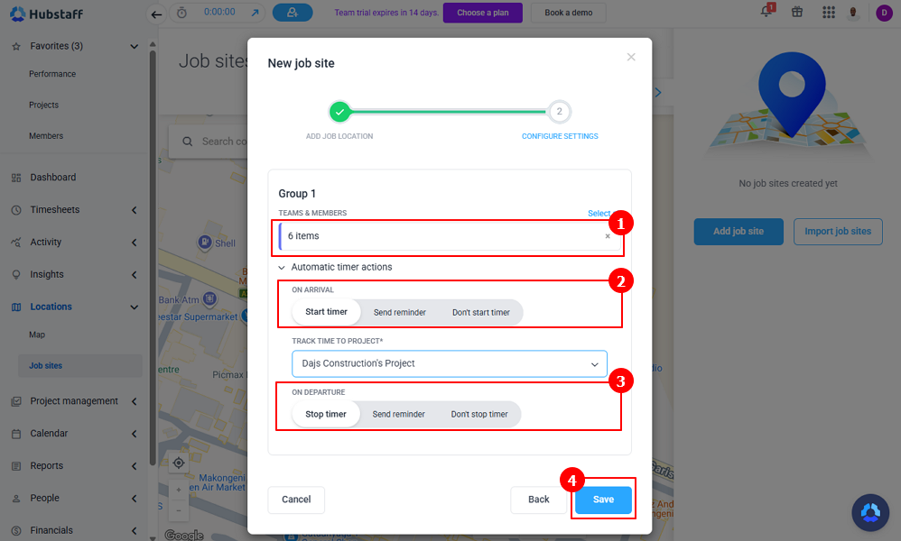 Screenshot of the Hubstaff geofence setup page.