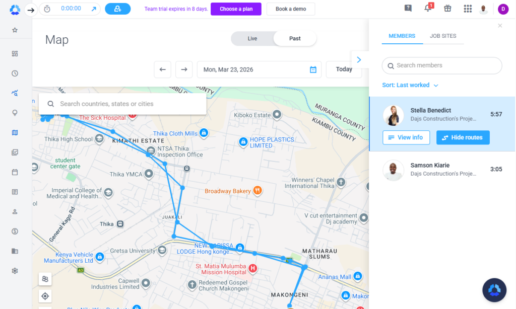 Screenshot showing Hubstaff’s routes.