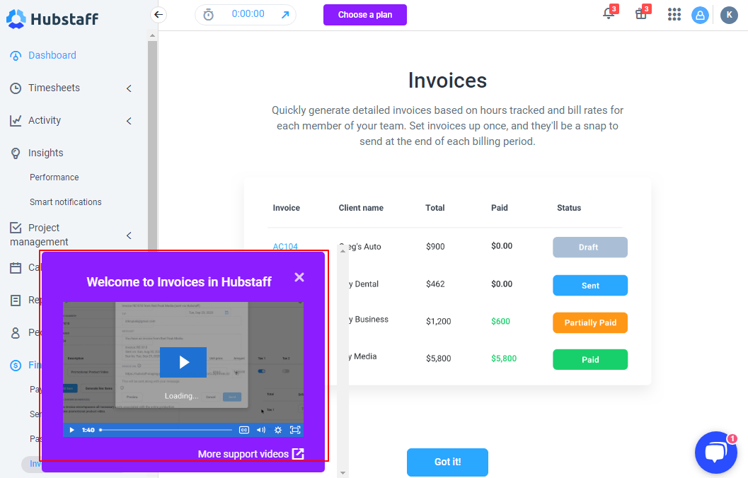 A view of a Hubstaff onboarding video displayed over the invoices screen