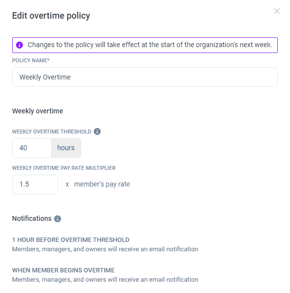 A view of the Hubstaff overtime pay setting screen