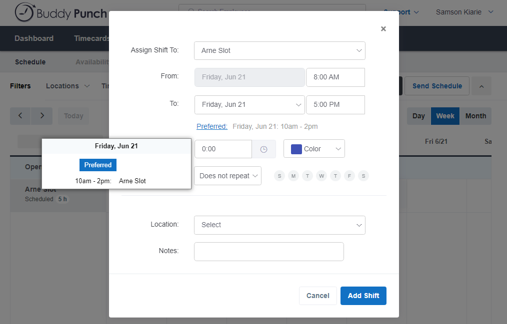 Screenshot showing a manager an employee’s preferred time. 