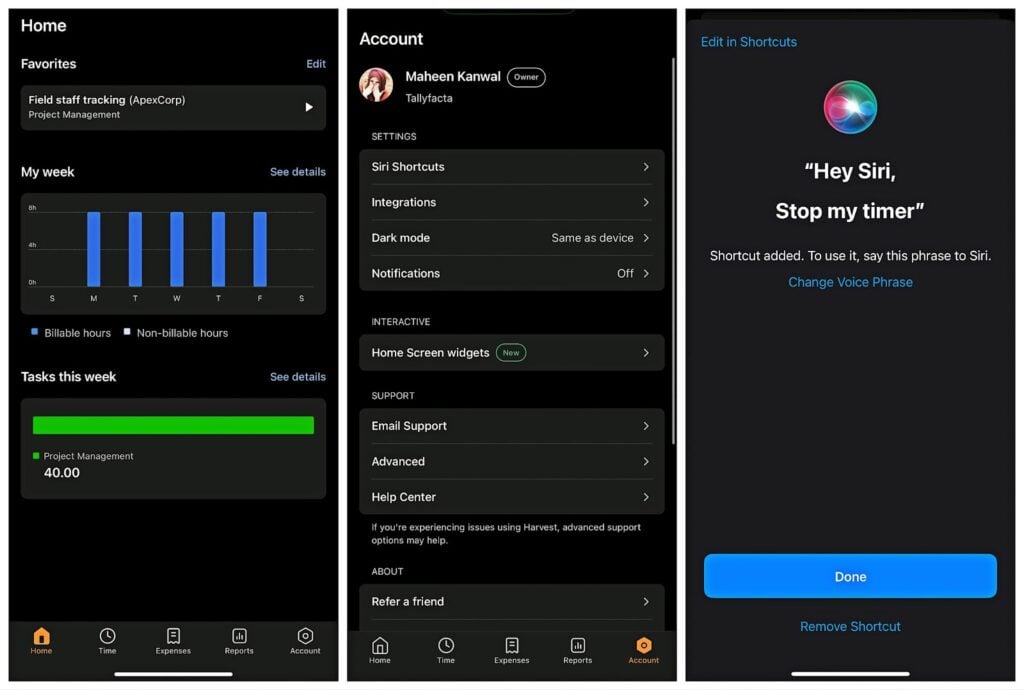 Harvest’s mobile app log expenses, view reports, invoices and Siri shortcuts for iOS users.