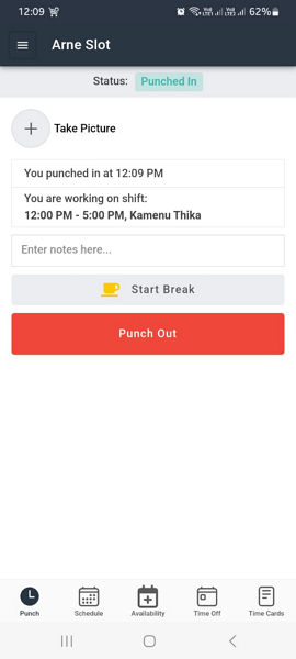 Screenshot of the Buddy Punch mobile app with the “start break” button