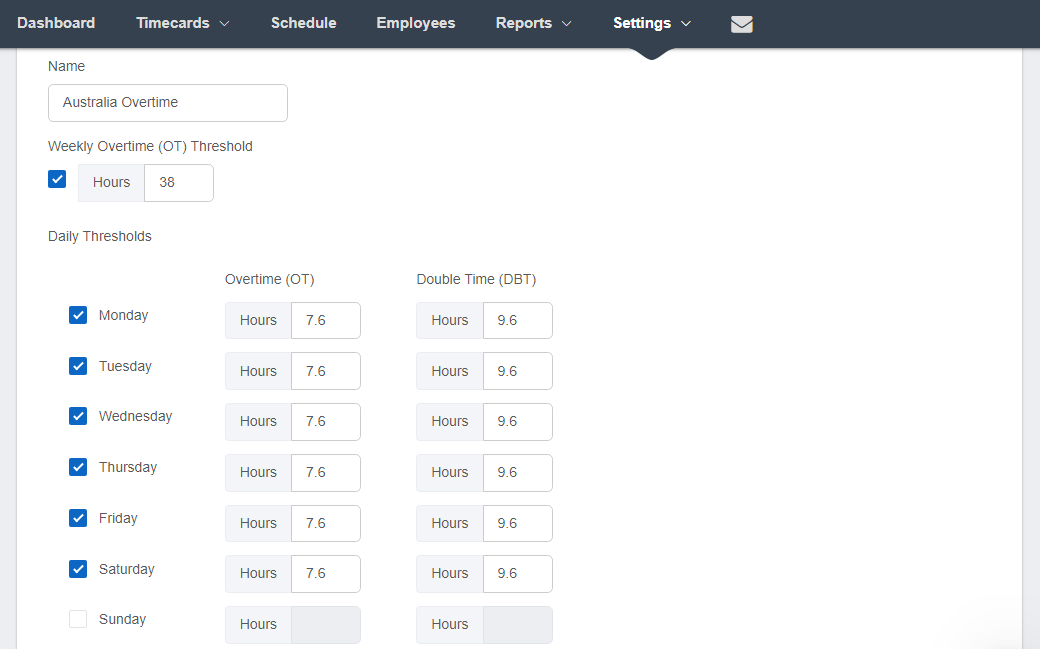 A screenshot of Buddy Punch’s overtime settings page