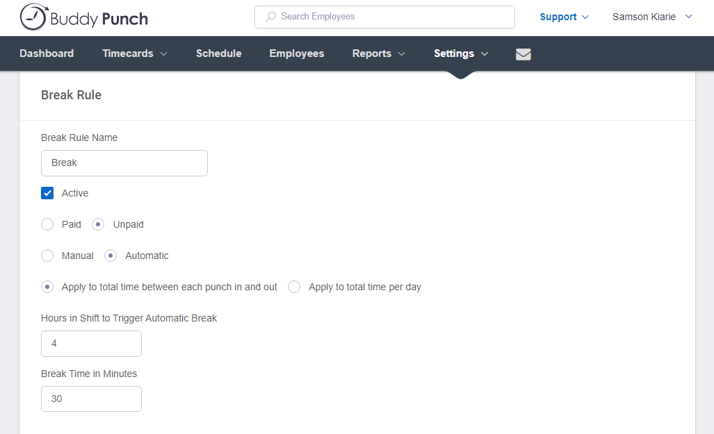 Screenshot of Buddy Punch break settings page