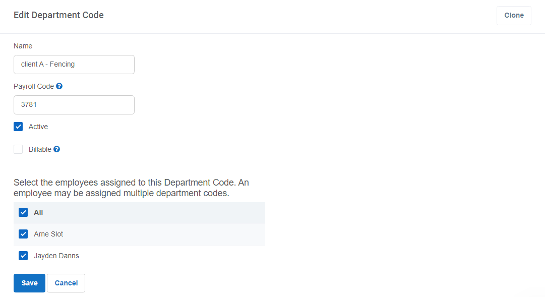 Screenshot of departmental code creation page