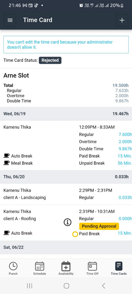 Screenshot of employee timecard with auto break. 