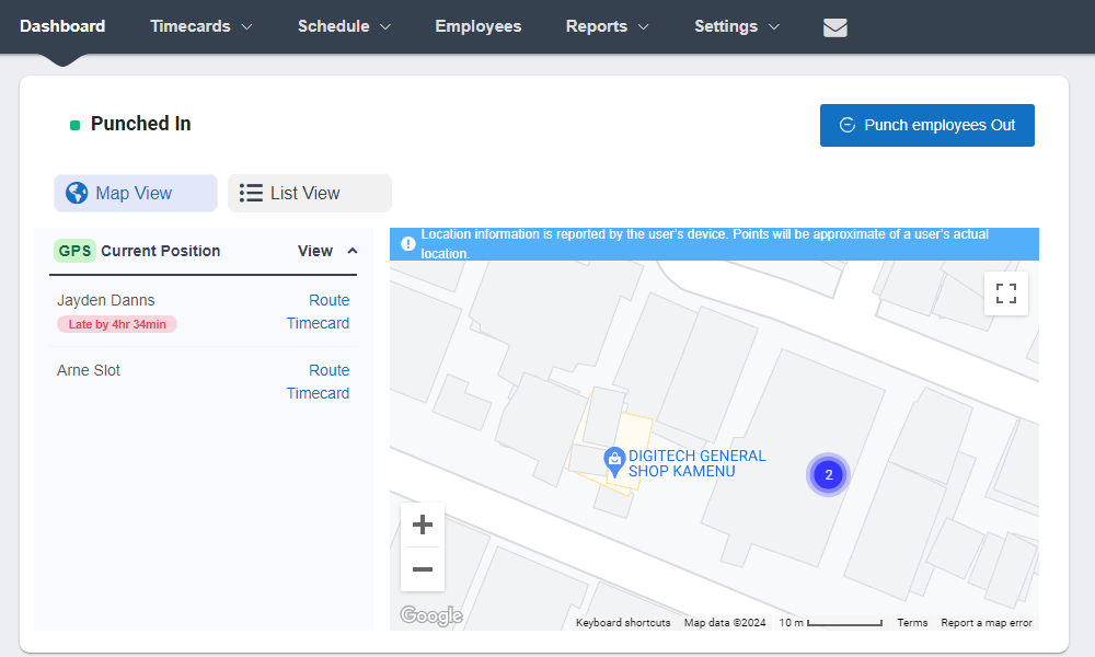 Screenshot showing the location of punched-in employees