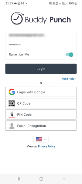 Screenshot of Buddy Punch mobile app with facial recognition option. 