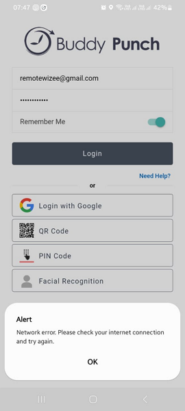 Screenshot of Buddy Punch app with network error. 