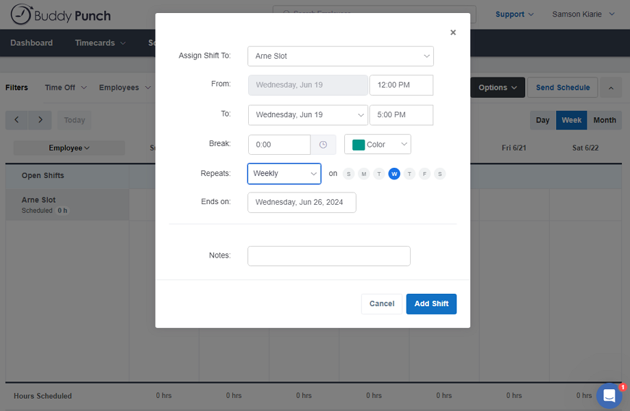 Screenshot showing Buddy Punch scheduling page.