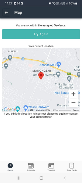 Screenshot of Buddy Punch geofence error