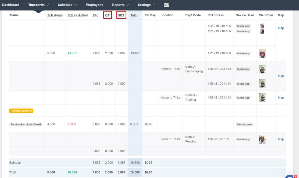 Screenshot of employee timesheet showing overtime and double-time