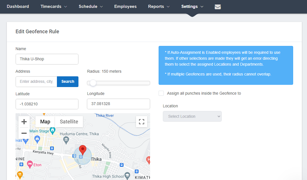 Screenshot of Buddy Punch geofence settings page.