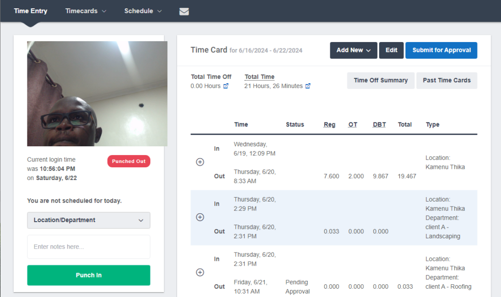 A screenshot of the Buddy Punch clock in view featuring an employee selfie