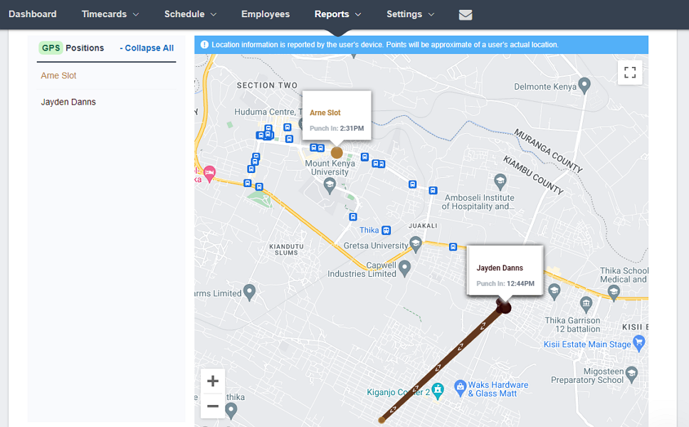 Screenshot showing Buddy Punch GPS activity report.