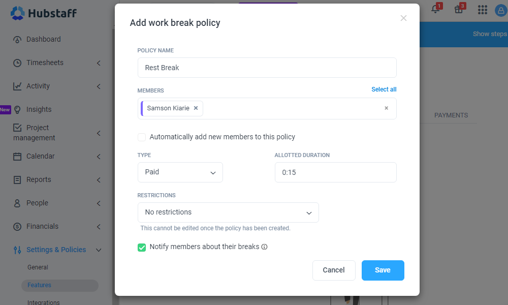 A view of the Hubstaff break policy screen