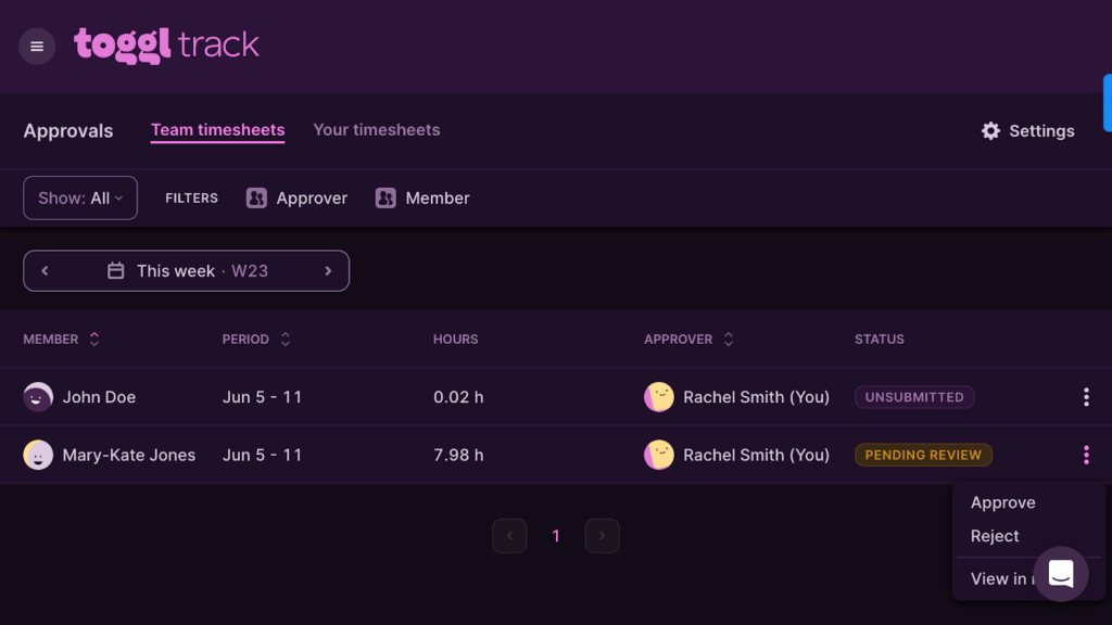 Toggl Track’s timesheet approval feature provides only approve and reject options for employees’ timesheets. 