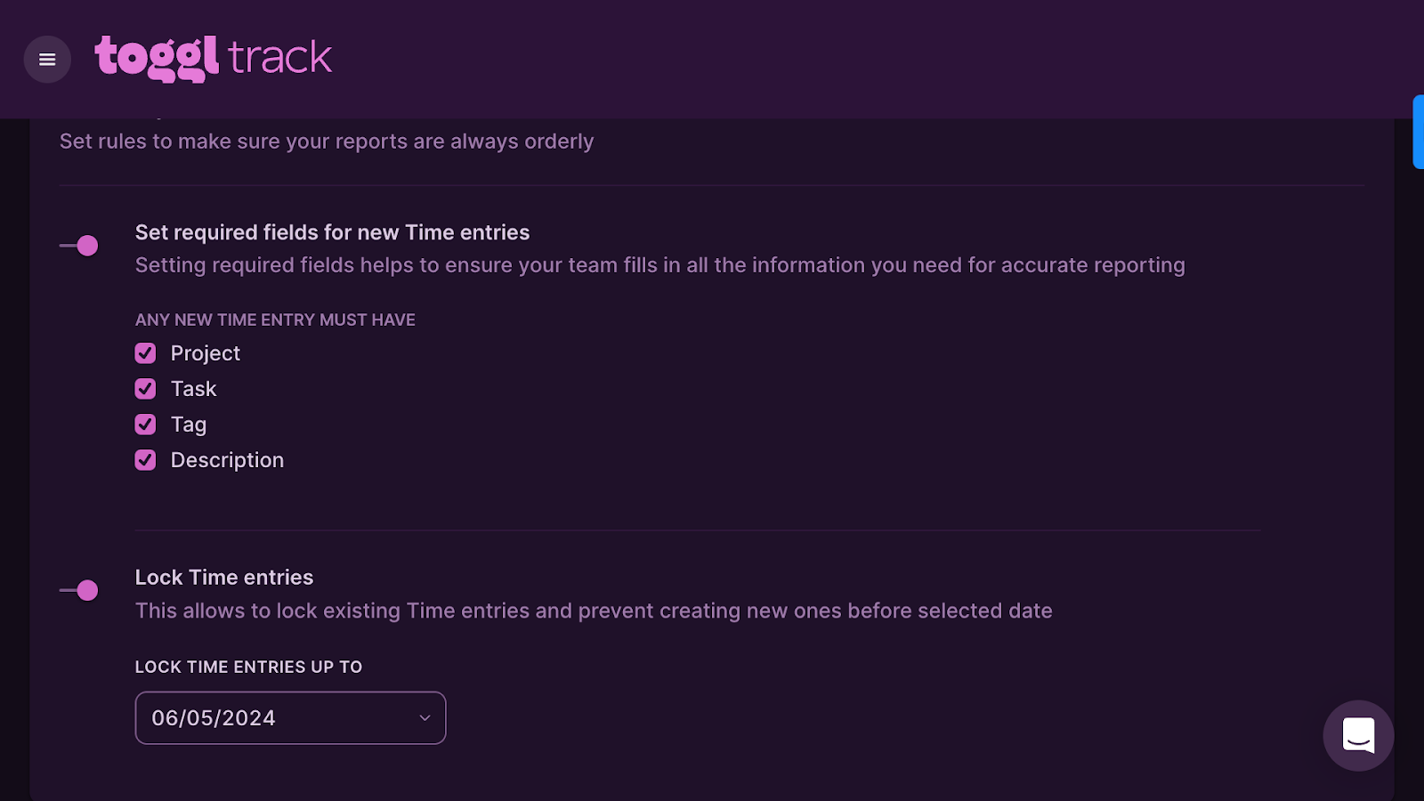 Setting project, task, tag, and description requirements for Toggl Track’s timer.