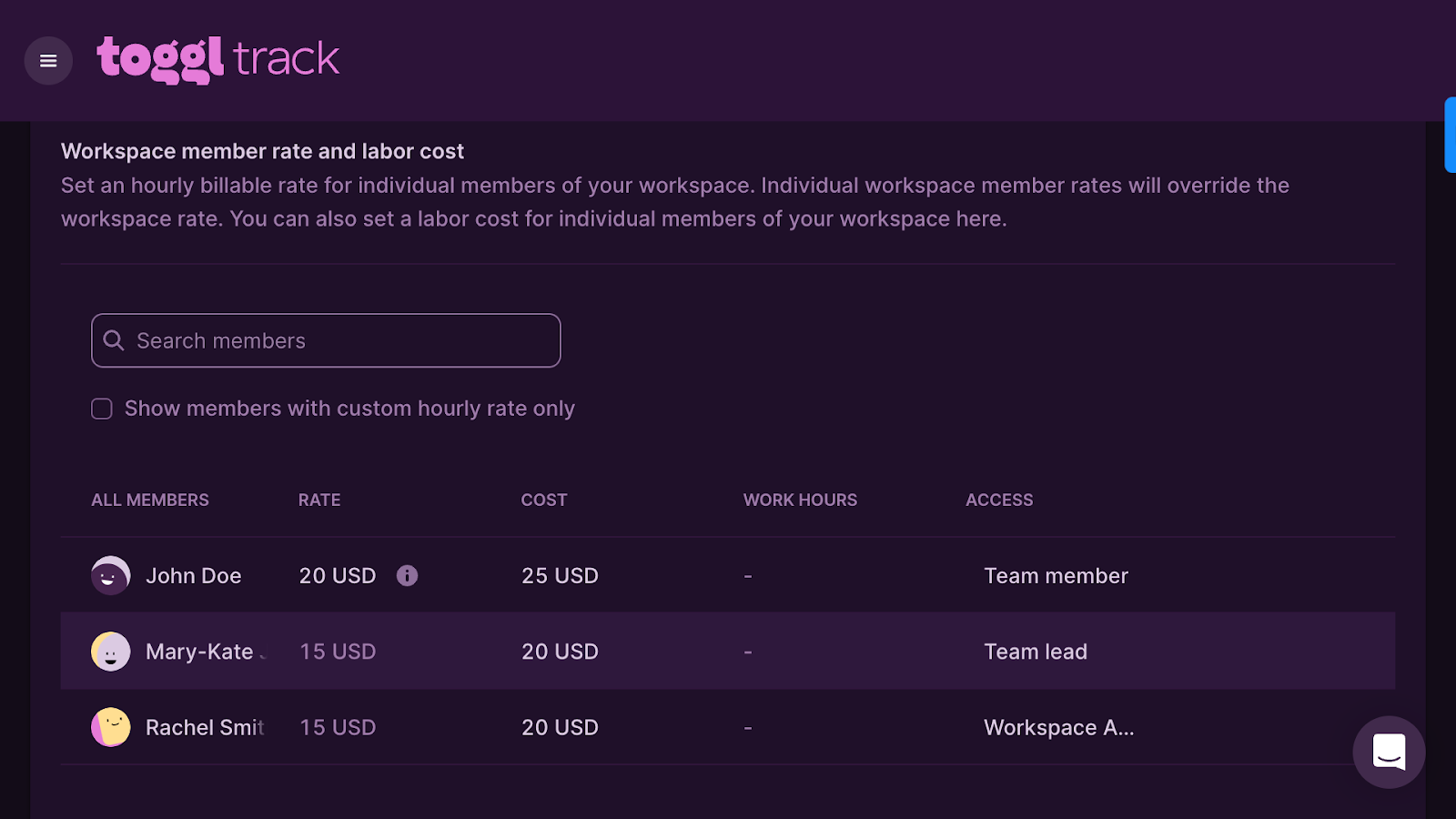 Setting workspace member billable rates and total labor cost on Toggl Track’s web portal.