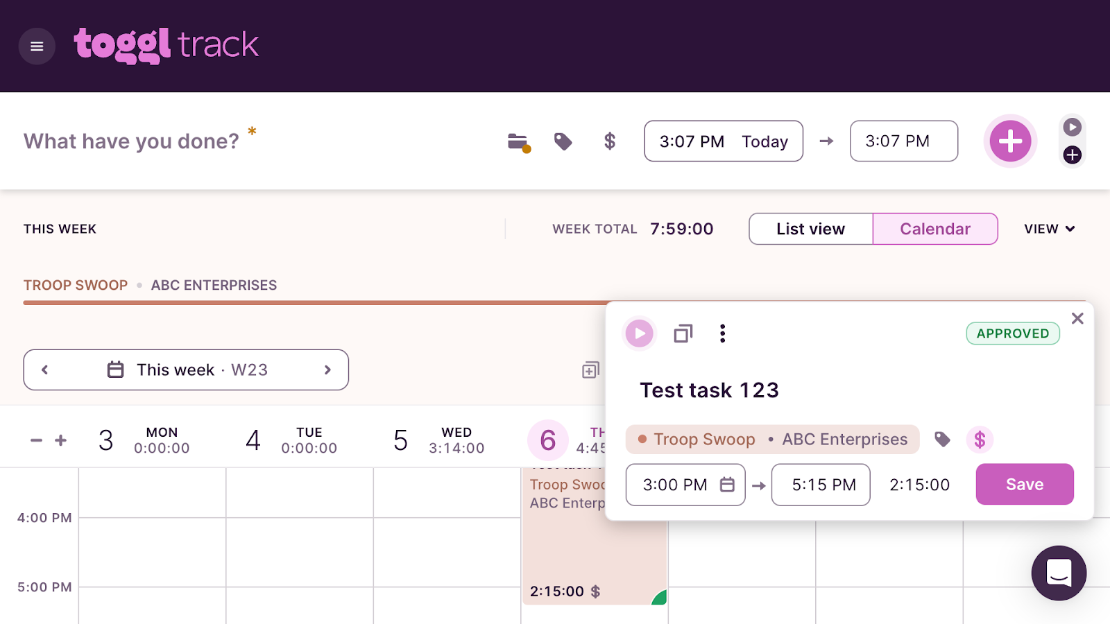Toggl Track’s timesheets feature automatically approves time entries for all work within the project timeframe.