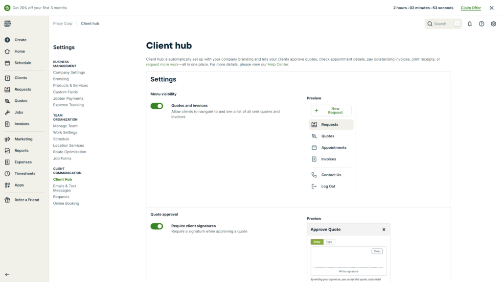 Screenshot showing Jobber’s client hub settings.