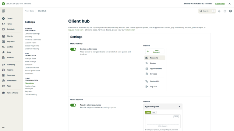 Screenshot showing Jobber&rsquo;s client hub settings page.