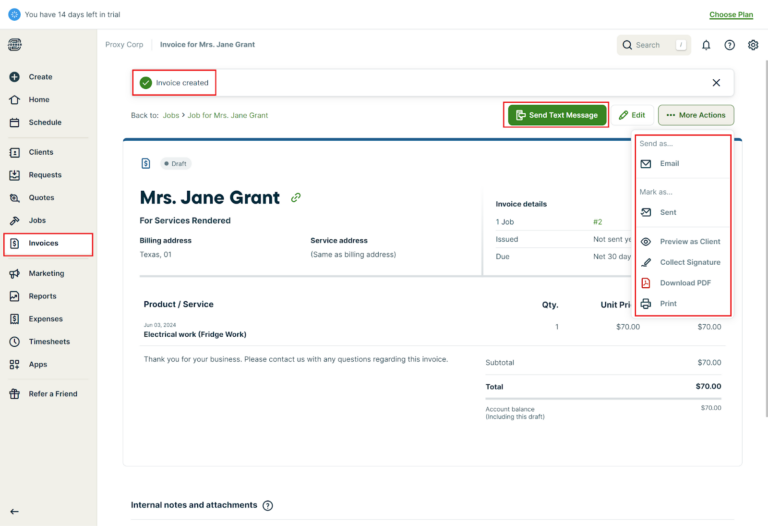 Screenshot showing Jobber&rsquo;s invoicing options.