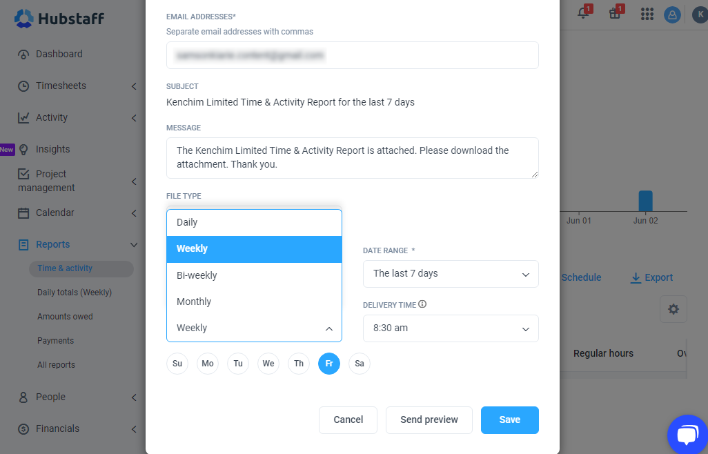 A view of the Hubstaff report scheduling screen