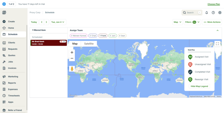Screenshot showing Jobber&rsquo;s scheduling map.