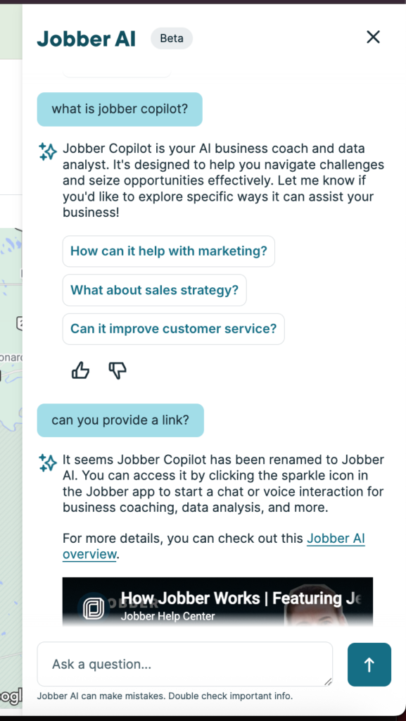 Jobber AI chatbot explaining that Jobber AI can be found by clicking the sparkle icon in the Jobber app.