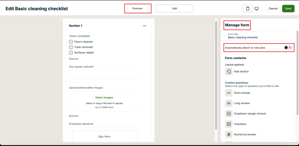 Jobber checklist editor showing a cleaning checklist form with fields like tasks completed, issues noticed, before/after images, and employee signatures. The right side panel also has settings to manage forms and the option to auto-attach the form to new jobs.
