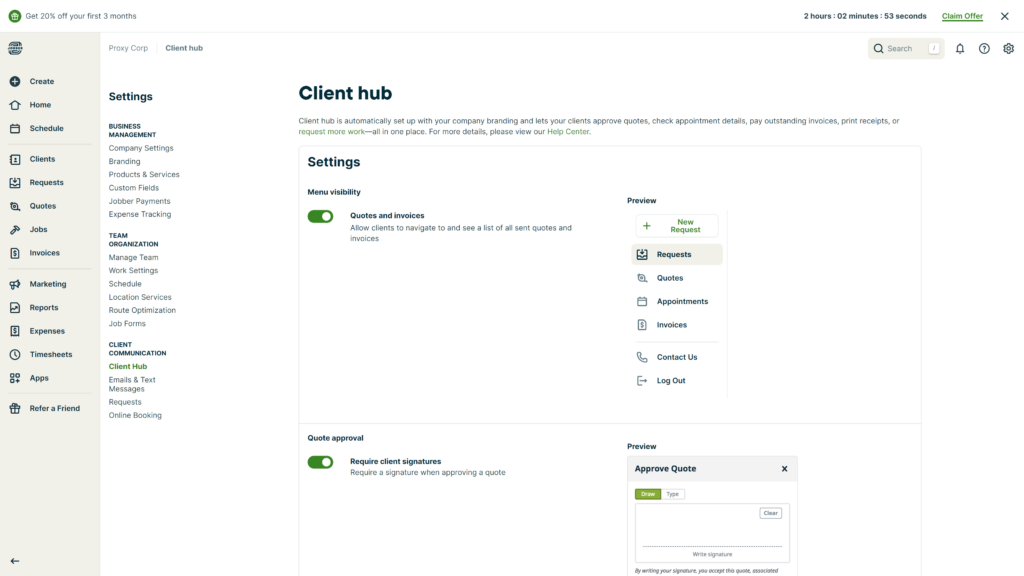 Jobber&rsquo;s client hub settings page showing menu options, invoice visibility toggle, and a preview of the client portal interface.