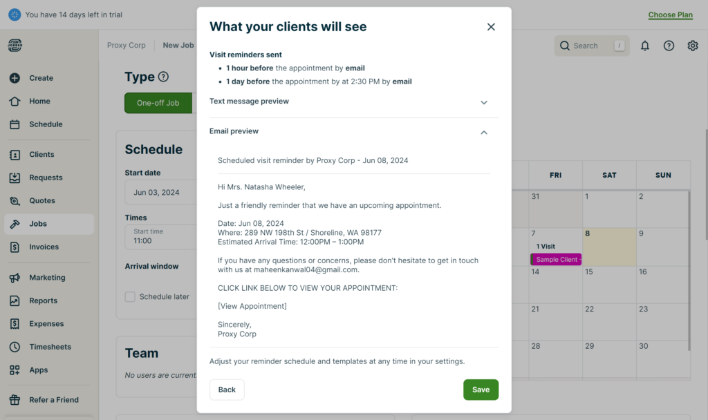 Jobber reminder preview modal showing email notification details for an upcoming appointment, including timing and message content.
