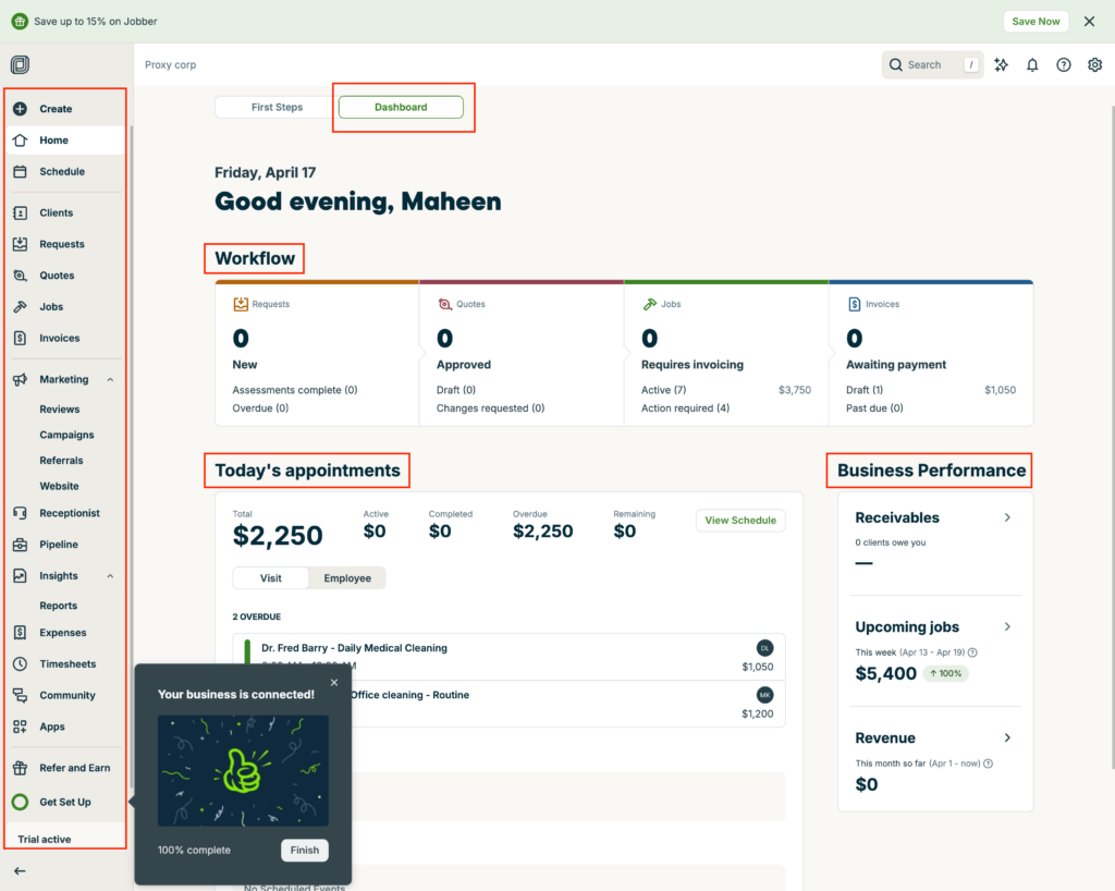 Jobber&rsquo;s dashboard showing navigation menu, workflow summary, appointments, and performance metrics. On the left, there&rsquo;s a panel to navigate other features, like Schedule, Clients, Requests, Quotes, Jobs, Invoices, and more. 