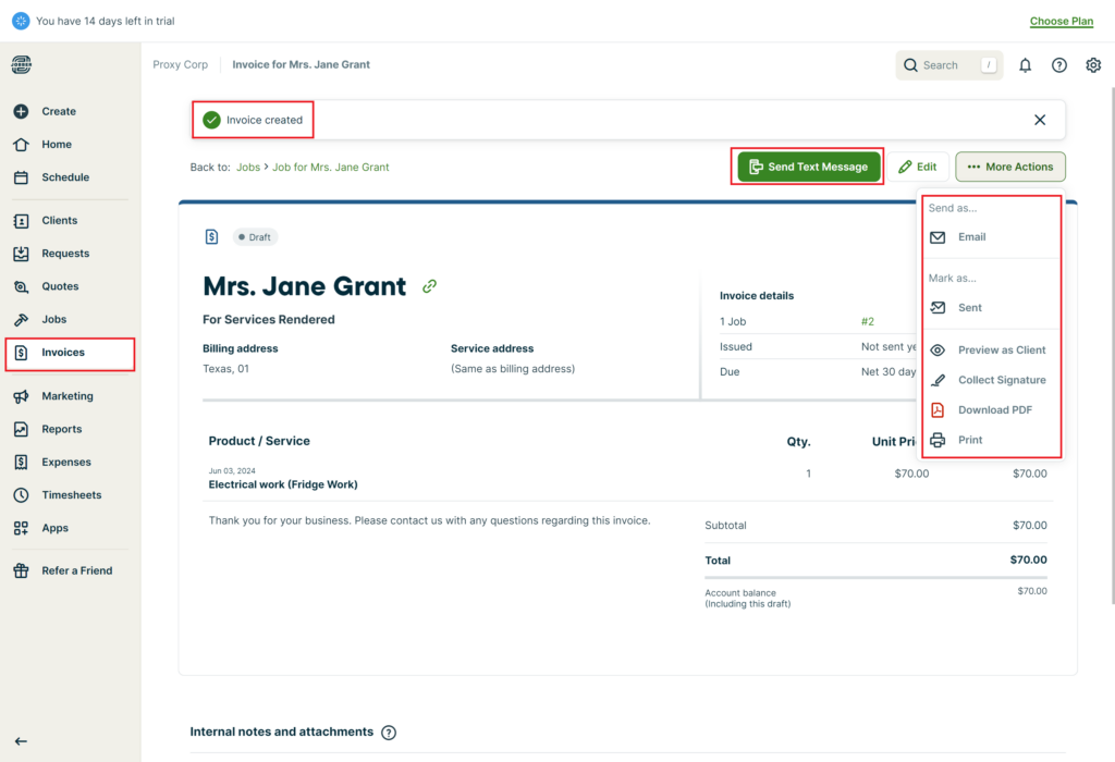 Jobber invoices view on the desktop version, showing invoicing details, such as the product or service, quantity, unit price, and totals. The open &ldquo;more actions&rdquo; menu at the top shows options to email the invoice, print it, send it as a text message, or download it as a PDF.