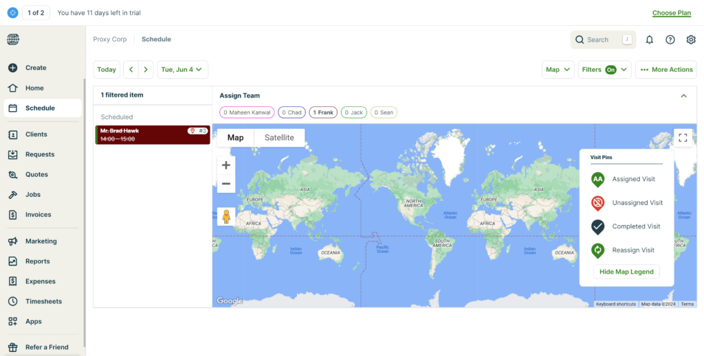 The Jobber scheduling map view on the desktop version, showing assigned, unassigned, completed, and reassign visits options.