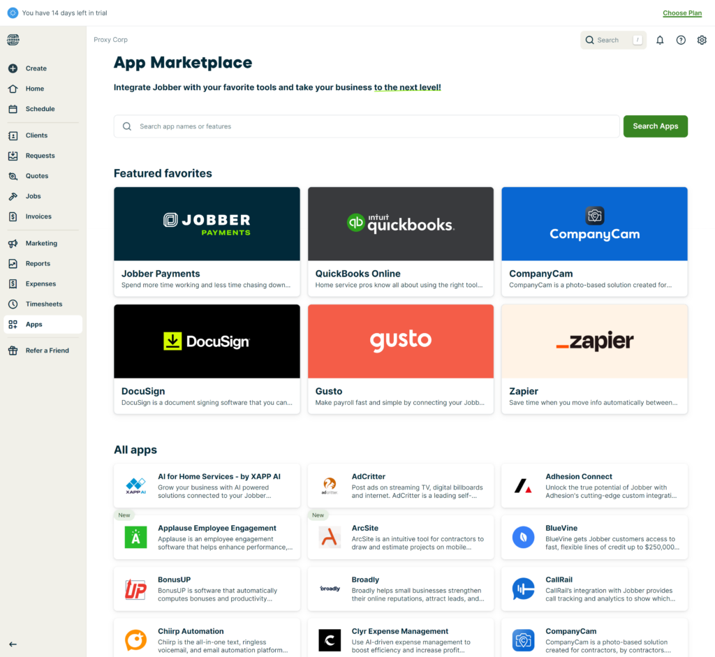 Jobber&rsquo;s app marketplace showing featured integrations like QuickBooks, Zapier, and DocuSign, along with a list of available apps.